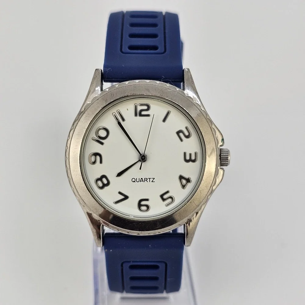 Men's Watch Analog 38MM White Dial Blue Plastic Bands‎ New Battery